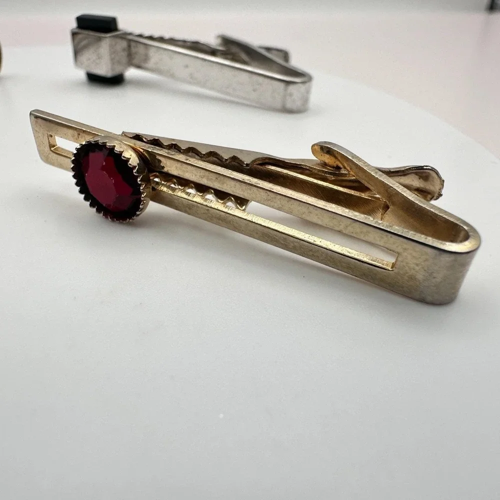 Vintage 80s Men's Tie Bar Clips Set Gold & Silver Tone Glass Stone Retro Jewelry